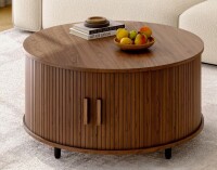 Ebern Designs 31.5" Modern Round Coffee Table With 360&deg; Curved Sliding Doorin Walnut New in Box $399
