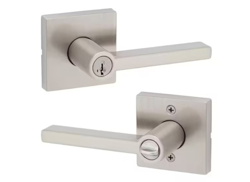 Kwikset Halifax Square Satin Nickel Keyed Entry Door Handle Handle Featuring SmartKey Security / Defiant Tonebridge Satin Nickel Single Cylinder Combo Pack with Square Rose / Assorted $79