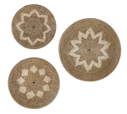 Olivia & May Seagrass Plate Handmade Basket Wall Decor Set of 3 Floral Brown: Embroidered Art, Modern Style, Vertical Display New In Box $299