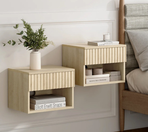 Ebern Designs Drawer Wall-Mounted Nightstand With Open Cubby, Set of 2 New In Box $299
