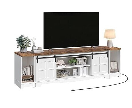 MAHANCRIS Farmhouse TV Stand for 85 inch TV, Entertainment Center with Charging Station and Sliding Barn Doors, Modern Media TV Console Table for Living Room, Bedroom, White and Rustic Brown TVBR20E01 $299