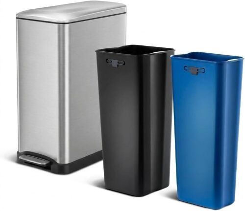 Home Zone Living 13 Gallon Slim Kitchen Trash Can with Dual Compartments for Trash and Recycling, Soft Close Lid, Step Pedal, Stainless Steel, Silver New In Box $99