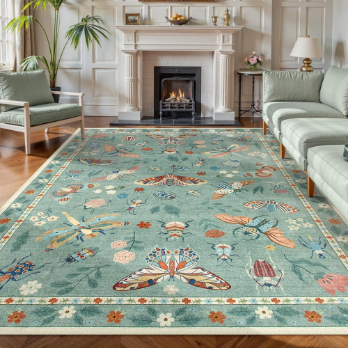 Lahome Insect 9x12 ft. Area Rug for Living Room Bedroom, Soft Washable Stain Resistant, Ultra-Thin Non-Slip Non-Shedding Accent Carpet for Dining Room Office Vionnet, Green $399