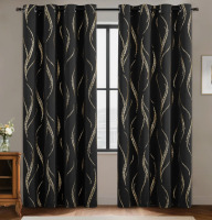 Mercer41 100% Blackout Thermal Insulated Curtains - Wave Line with Dots Gold Print, Grommet Top, 2 Panels, 52" x 96" New $99