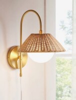 Bayou Breeze Aminda Gold Plug-in Wall Sconce with Frosted Globe and Rattan Shade New in Box $299