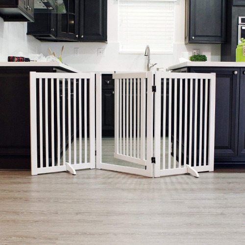 WELLAND Freestanding Wood Pet Gate with Walk Through Door White, 66 inch Width, 32Inch Height (Set of Support Feet Included) $79