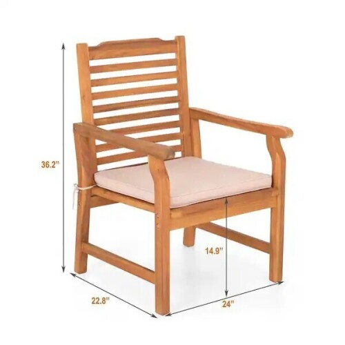 Phi Villa Brown Natural Wood Patio Outdoor Dining Chair with Beige Cushion, New in Box $399