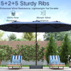 Kingdura 13' Double-Sided Rectangular Large Patio Umbrella with Solar Lights, Base Included, 12 Reinforced Ribs, 48 Led Lights, Crank Lift for Market, Navy Blue, New in Box $399