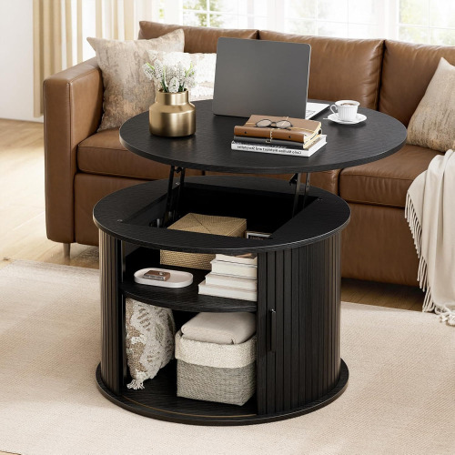 FABATO Round Lift Top Coffee Table, Fluted Wood Accent Coffee Table with Hidden Storage and Open Shelves, Drum Table with Sliding Rolling Door, Small Center Table Dining Table for Living Room, Black New In Box $299
