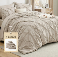Bedsure Queen Pintuck Bed-in-a-Bag - Beige Pinch Pleat Comforter Set with Sheets, Pillowcases & Shams, 7-Piece New In Box $199