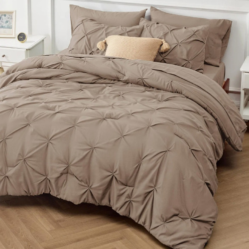 Bedsure Khaki Pintuck Bed-in-a-Bag - Khaki Pinch Pleat Comforter Set with Sheets, Pillowcases & Shams, King 7-Piece $299