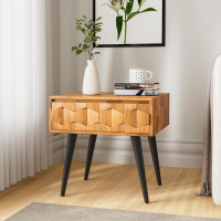 Bme Georgina Solid Wood Mid-Century Modern Side Table with Drawer &ndash; Fully Assembled Bedside Table with Rustic Geometric Pattern for Living Room or Bedroom New In Box $299