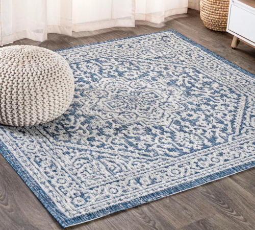 JONATHAN Y Sinjuri Medallion Textured Weave Navy/Gray 9 ft. Square Indoor/Outdoor Area Rug, Non-Shedding, Easy-Clean New $399