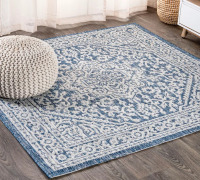 JONATHAN Y Sinjuri Medallion Textured Weave Navy/Gray 9 ft. Square Indoor/Outdoor Area Rug, Non-Shedding, Easy-Clean New $399