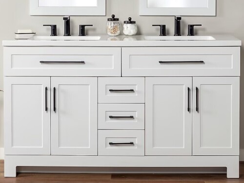 Style Selections Cauley 60-in True White Double Sink Bathroom Vanity with White Cultured Marble Top (Fully Assembled) New Shelf Pull $1399