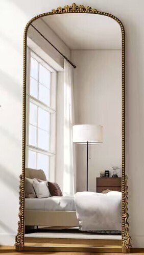 XRAMFY Antique Gold 32 in. W x 71 in. H Carved Arched PU Frame Full Length Floor Mirror New in Box $499