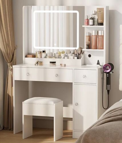 Furologee 34 Inch Makeup Vanity Desk with Lights Set Black Dressing Table with Power Outlet Charging Station, Drawers Storage New Open Box $499