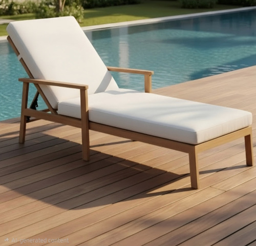 Joss & Main Outdoor Adjustable Chaise Lounge with Grey Cushion, Teak, New in Box $999