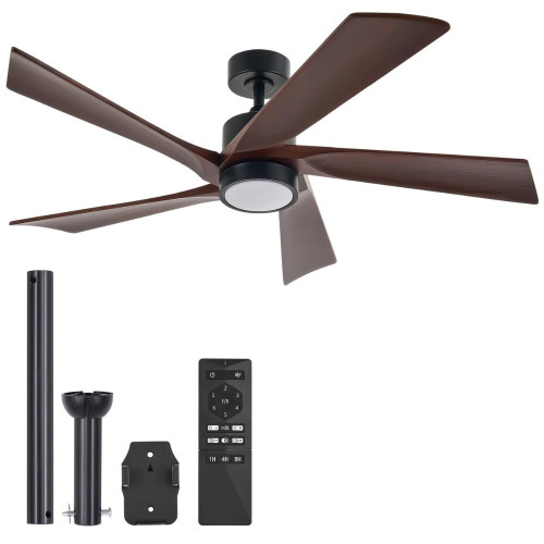 Mercer41 5-Blade Transitional Modern Solid Wood LED Ceiling Fan with Dimmable Light and Remote, Matte Black with Dark Brown Wood Blades, New in Box $399