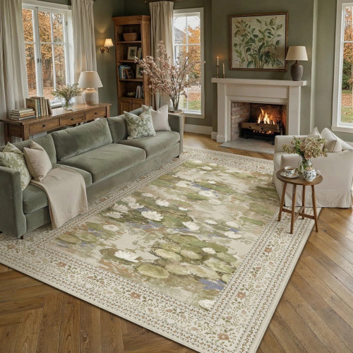 Astoria Grand Aura Waterlily Art Machine Washable 8' x 10' Rectangular Area Rug, Beige, New $499