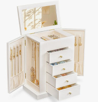 Latitude Run&reg; 5-layer Large Leather Jewelry Organizer Box With Mirror And Drawers, Jewelry Storage For Necklaces Earrings Rings Bracelets (White) $199