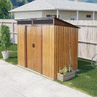 LOVMOR 4' x 8' Outdoor Metal Storage Shed with Sliding Door, Lock, and Foundation Frame for Backyard, Includes Free Shelf and Anchors, Coffee, New in Box $599