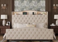 House of Hamptons Queen Tufted Velvet Platform Bed Curved Headboard Bed With Light in Beige New in Box $799