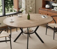 George Oliver 42.5-58.2 Inch Extendable( with Rotating Extension Leaves) Round Dining Table With Storage Shelf For 4-6 People in Nordic Light Oak New Shelf Pull $599