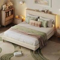Bestier Wood Frame Full Velvet Upholstered Platform Bed Frame with Storage Headboard and LED Lights New in Box $499
