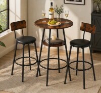17 Stories 3-Piece Bar Table Set for 2, 2-Tier Round Bistro Dining Table & PU Stools, Counter Height Table New in box $499