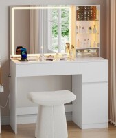 Ivy Bronx Decalt Makeup Vanity with Glass Table and Charging Station, Vanity Table with Lighted Mirror and 2 Drawers New Open Box $499