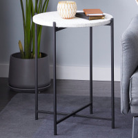 Latitude Run&reg; Breyannah Terrazzo Stone Side End White Accent Table with Black Metal X-Stand New In Box $299