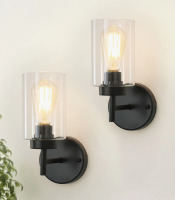 Breakwater Bay Mosca Black Bath Sconce Wall Light with Glass Shade for Toilet, Hallway, Staircase, Living Room, Bathroom Dining Room, 10.2'' H X 3.93'' W (Set of 2) New In Box $299