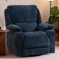 Culect 36.6'' Wide Swivel Rocker Recliner With Massage Heat Chenille Fabric Cup Holders in Blue New Open Box $799