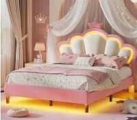 Gemma Violet Bed Frame With Led Lights, Girls Full Bed With Princess Crown, Led Velvet Upholstered Platform Bed Frame With Adjustable Headboard, No Box Spring Needed New in Box $499