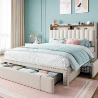 EnHomee Upholstered Full Bed Frame with 3 Storage Drawers, 2-Tier Storage Headboard, Platform Bed Frame with Wooden Slats Support, No Box Spring Needed, Beige Similar to Picture $299
