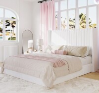 Latitude Run Queen Velvet Hydraulic Lift Up Storage Upholstered Platform Bed With Wooden Slats And Vertical Stripes Wingback Headboard in White New in Box $899