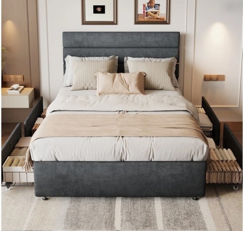 Latitude Run Candler Queen Modern Bed With 4 Drawers And Headboard, Velvet Upholstered Platform Bed, Sturdy Metal & Wooden Slats Support, No Box Spring Needed, Easy Assembly in Gray New in Box $499