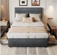 Latitude Run Candler Queen Modern Bed With 4 Drawers And Headboard, Velvet Upholstered Platform Bed, Sturdy Metal & Wooden Slats Support, No Box Spring Needed, Easy Assembly in Gray New in Box $499