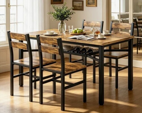 17 Stories Modern Farmhouse Style 5-Piece Dining Room Table And Chairs Set, Rectangle Small Kitchen Table Set With 4 Chairs And Storage Rack, Particle Board Top And Metal Frame Dinette Set For 4, Space-Saving Design Bar Table Set New Open Box $599