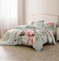 Bebejan Rose on Misty Green 5 Piece Reversible Comforter Set, 100% Cotton Sateen, 200 Thread Count, Floral Bedding Comforter Set, 1 Comforter, 2 Shams & 2 Pillows (Full/Queen) New In Box $299