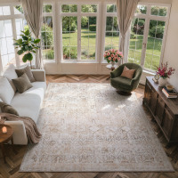 Bungalow Rose Vintage Tribal Oriental Area Rug with Non-Slip Backing - Distressed Beige Faux Cashmere Washable Rug for Bedroom & Living Room, 8' x 10' Similar to Picture $299