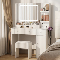 Latitude Run 34" W Vanity Desk Set With Led Lighted Mirror & Power Outlet, Makeup Table Top with 3 Open Bookcases, 2 Drawers, Dresser Table, White, New Open Box $999