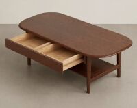 Corrigan Studio&reg; 47"W Solid Oak Mid-Century Modern Coffee Table with Drawer and Storage Shelf New in Box $599
