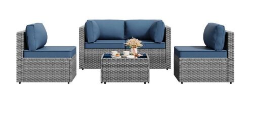 Walsunny Patio Furniture 5 Pieces Outdoor Sectional Sofas, Sliver Wicker, Deep Blue, New Open Box $699