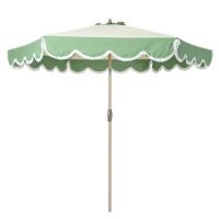 Bungalow Rose Tempera 9' Scalloped Patio Market Umbrella With Fringe With Water-resistant And Fade Resistant Canopy, 1.5" Wood Pole & Button Tilt, Green, New in Box $299