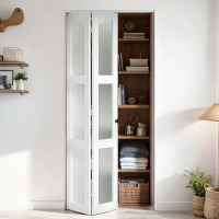 DoorFusion 3-Lite Frosted Glass and Solid Manufactured Wood Bi-Fold Doors with Hardware Kit, 30" x 80", New in Box $299