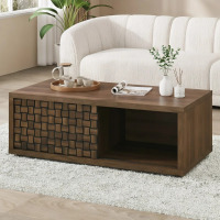 Latitude Run Adonia 39.4" Modern Walnut Sliding Door Coffee Table with Hidden Storage, Brown $399