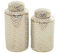 Novogratz Maple and Jade 2-Piece Jar Set with Geometric Accents in Glossy Gold and White New Open Box $299