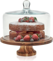 Libbey Acacia Wood Cake Stand with Lid, Footed Cake Stand With Cover, Durable Ball Top Handle Glass Dessert Dome New In Box $199